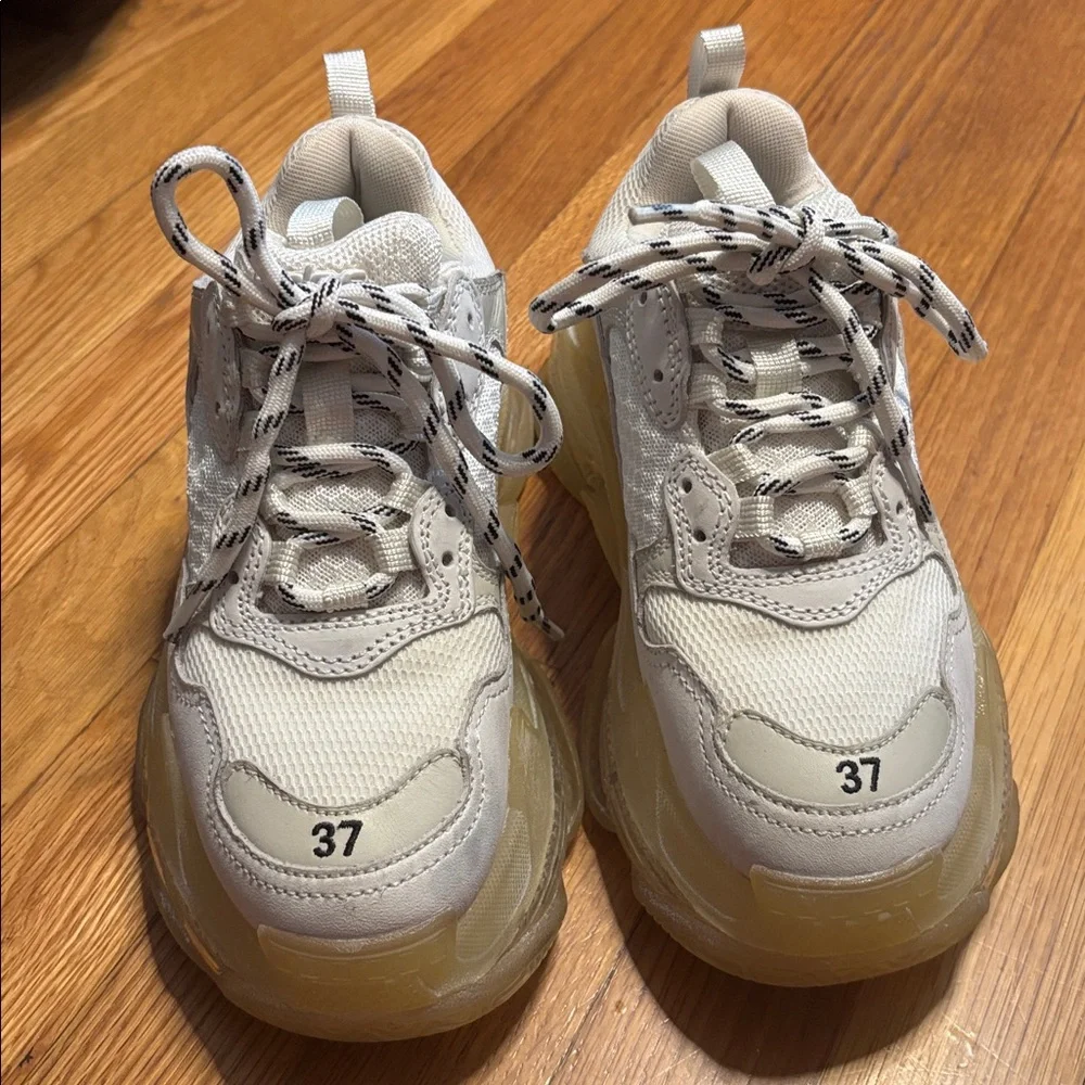 Balenciaga White and Yellowed Sole Triple S Sneakers